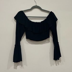Off the Shoulder Black Long Sleeve Crop Top with Bell Sleeves